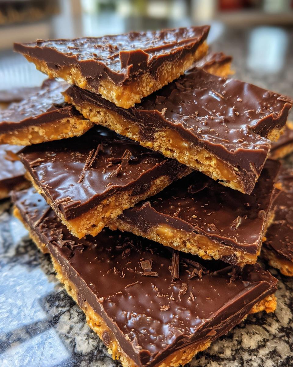 A stack of rich graham cracker toffee bars featuring a crunchy base, caramel layer, and thick chocolate topping.