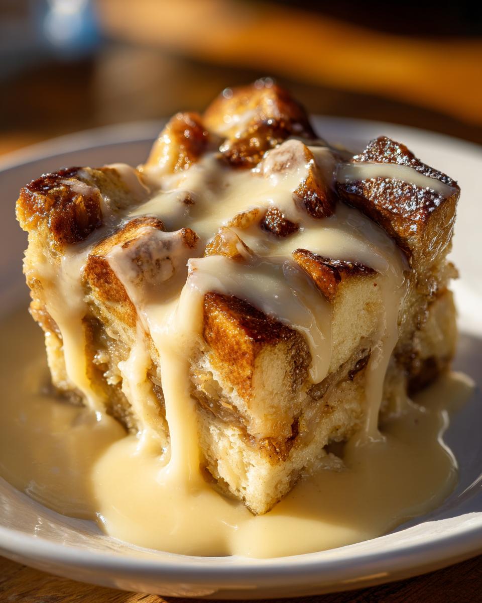 Close-up of a square slice of golden brown bread pudding generously drizzled with vanilla cream sauce.