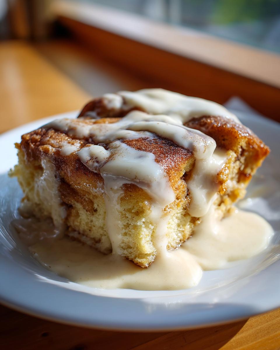 A close-up of a moist slice of bread pudding topped with a thick, creamy vanilla glaze.