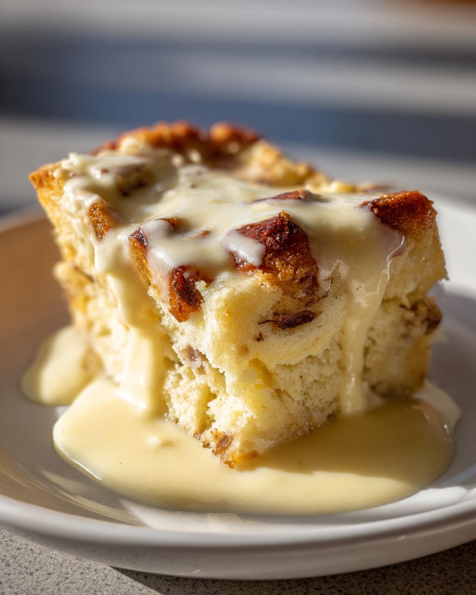 A close-up of a square slice of moist bread pudding topped generously with vanilla cream sauce.