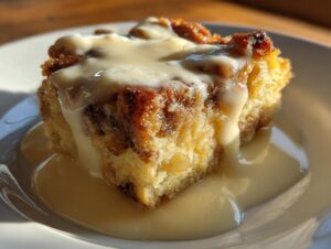 A close-up, sunlit photo of a square slice of golden brown bread pudding topped generously with vanilla cream sauce.