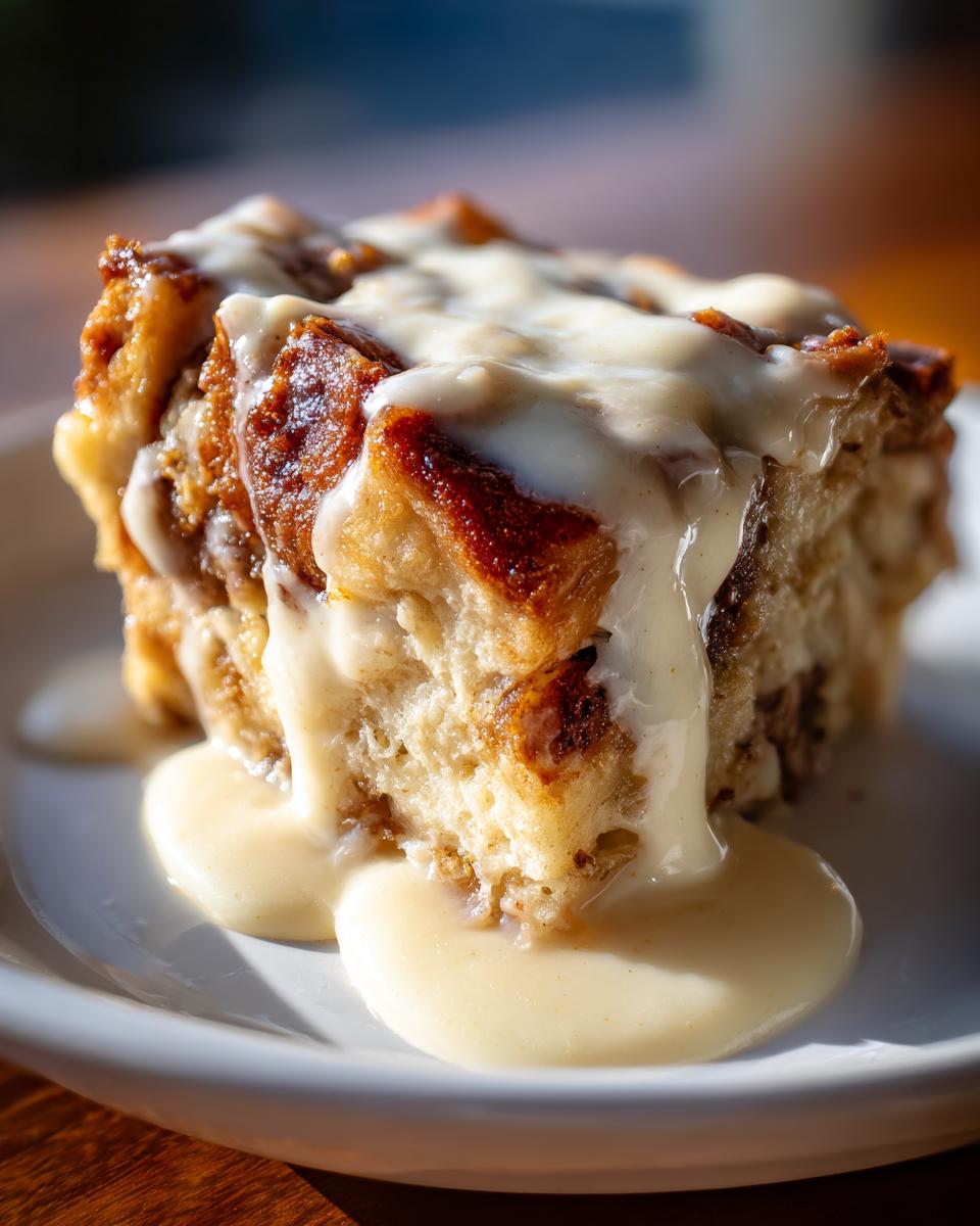 A close-up of a rich slice of bread pudding topped with thick vanilla sauce dripping down the sides.