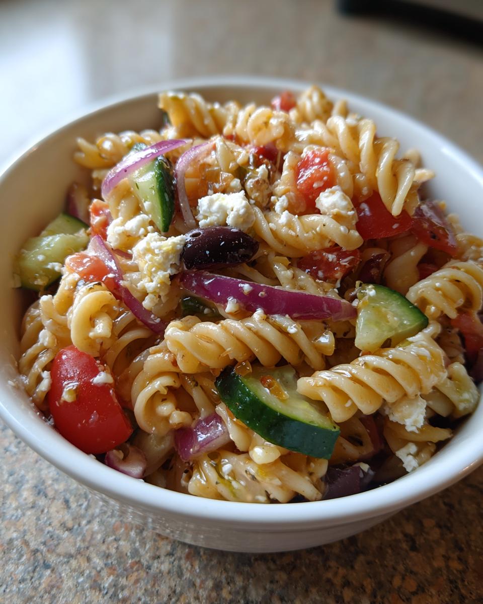 A close-up of a white bowl filled with vibrant greek pasta salad featuring rotini pasta, feta cheese, cucumbers, and red onion.