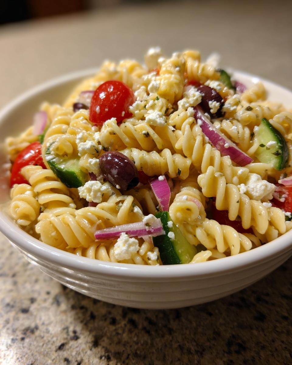 A close-up of a serving of greek pasta salad made with rotini pasta, feta cheese, olives, cucumber, and red onion.