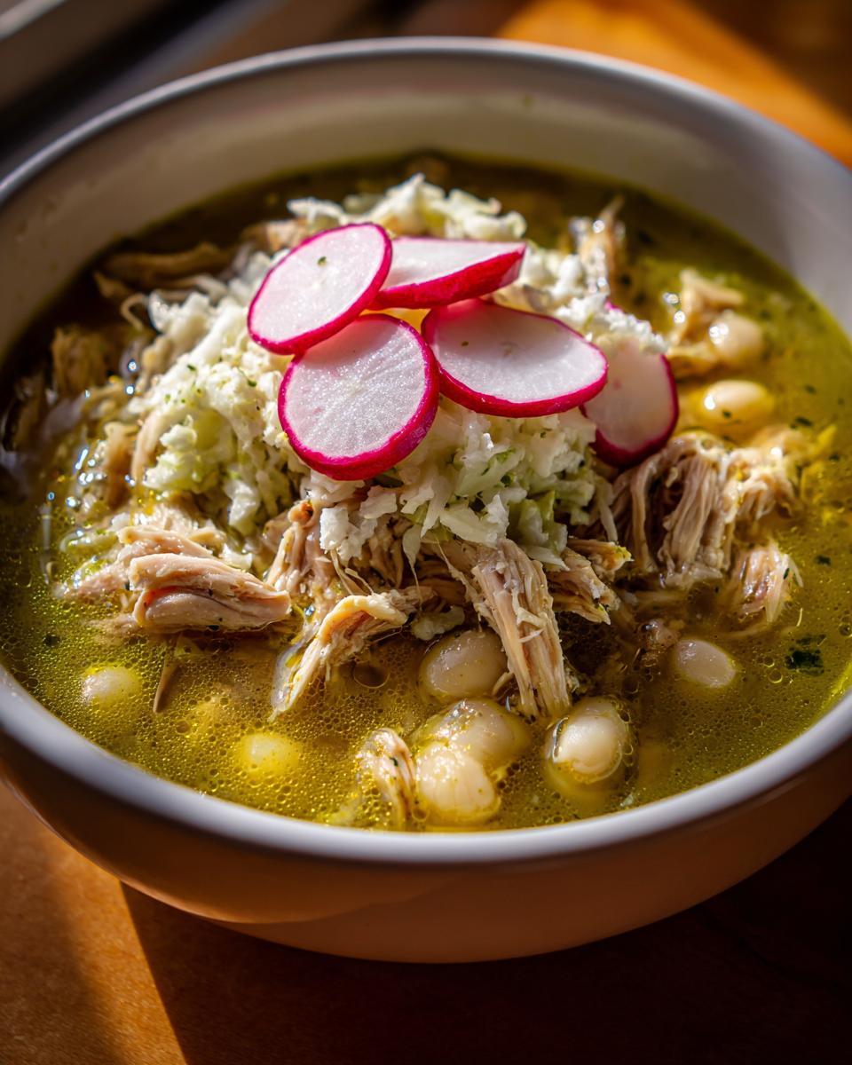 Close-up of a bowl of green chicken pozole featuring shredded chicken, hominy, and topped with shredded cabbage and sliced radishes.