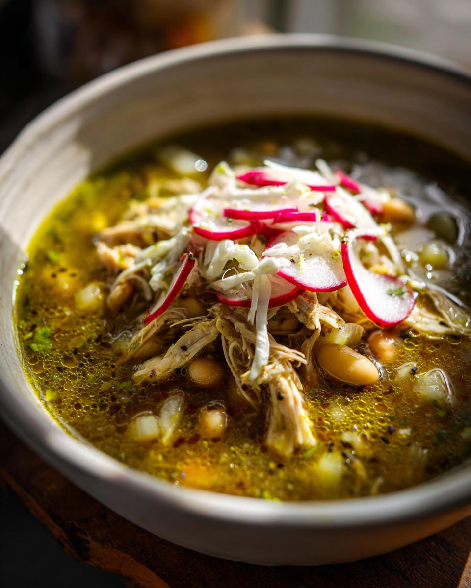 Close-up of a bowl of green chicken pozole, featuring shredded chicken, hominy, and topped with sliced radishes and cabbage.