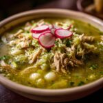 A close-up, appetizing shot of green chicken pozole topped with shredded chicken, hominy, and sliced radishes.