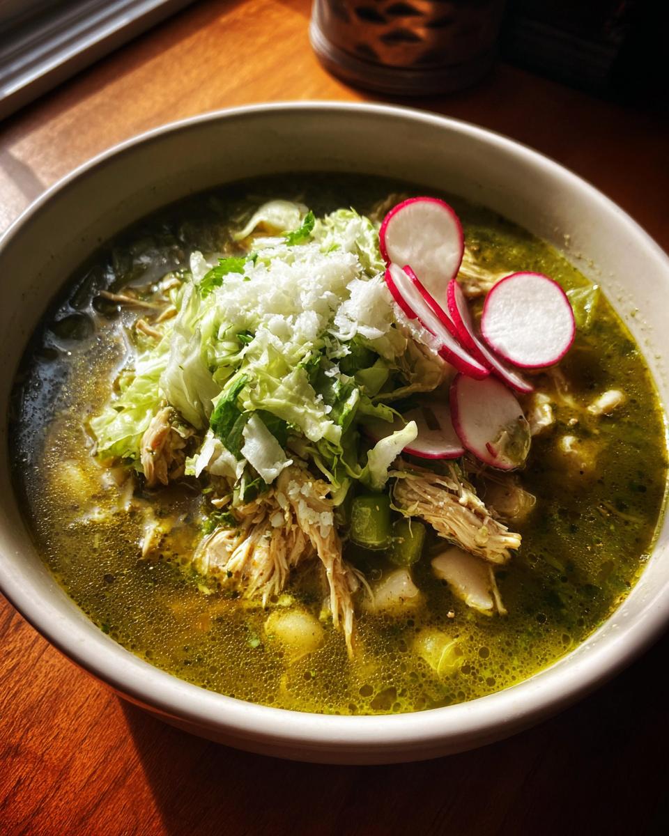 A close-up of a bowl of vibrant green chicken pozole topped with shredded lettuce, cheese, and radish slices.