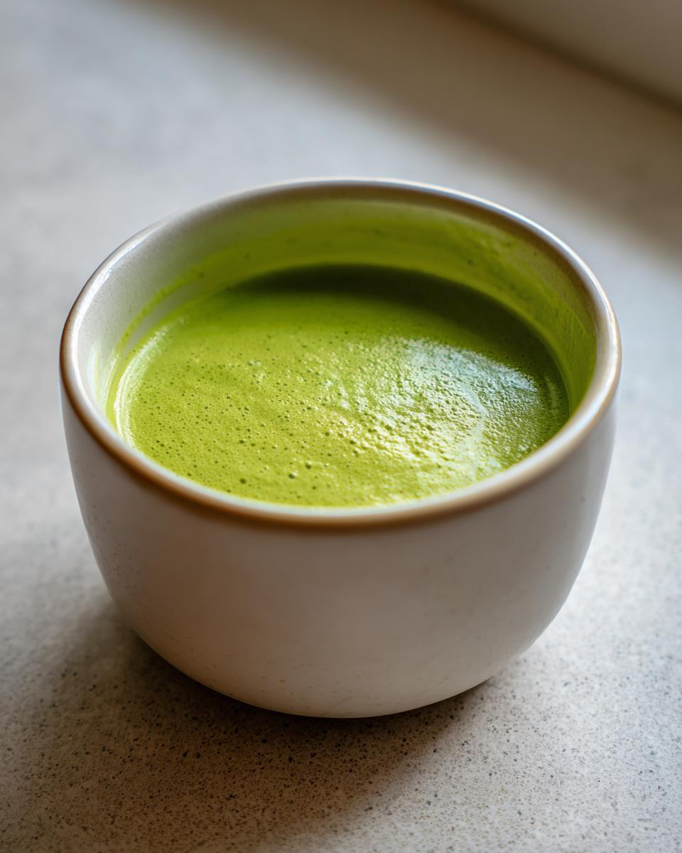 A close-up of a vibrant green, frothy beverage in a light-colored ceramic mug, unrelated to celery soup.