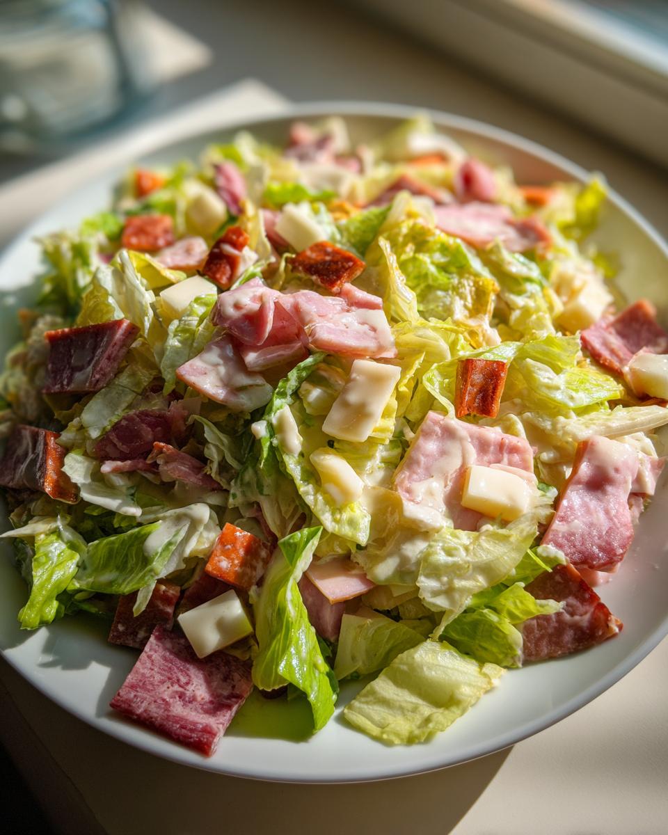 A close-up view of a hearty grinder salad featuring chopped lettuce, ham, salami, cheese cubes, and creamy dressing.