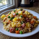 Close-up of flavorful pineapple fried rice mixed with ham, peas, carrots, and scrambled egg on a white plate.