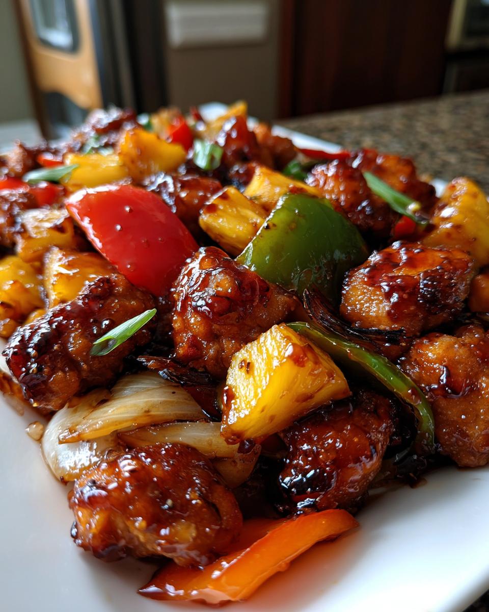 Close-up of glazed chicken pieces mixed with pineapple chunks, red and green bell peppers, and onions from the hawaiian chicken sheet pan.