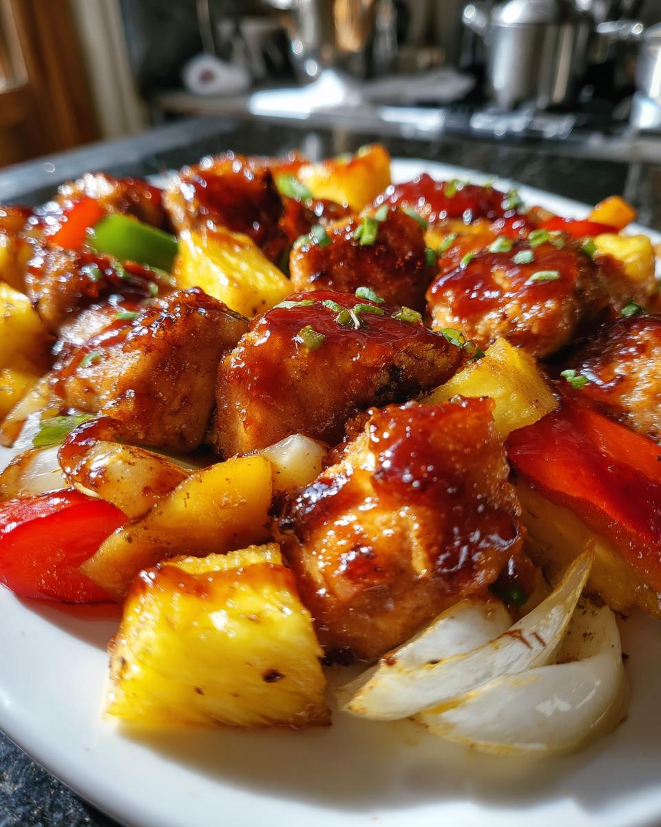 Close-up of glazed chicken pieces mixed with pineapple, onions, and peppers from the hawaiian chicken sheet pan.