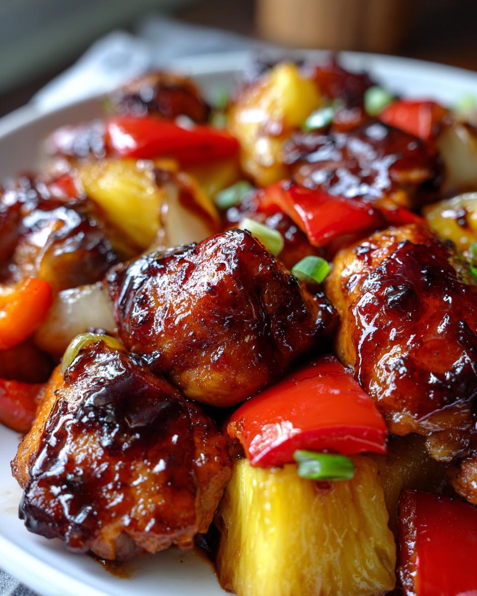 Close-up of sticky, glazed chicken pieces mixed with pineapple and red peppers from the Hawaiian chicken sheet pan.