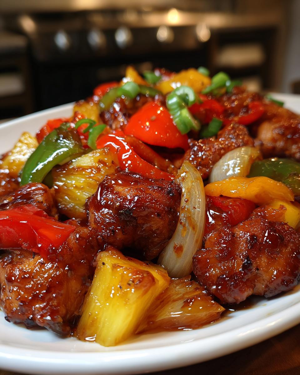Close-up of sticky, glazed Hawaiian chicken pieces mixed with pineapple, onions, and colorful bell peppers.