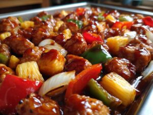 Close-up of chunks of chicken, pineapple, red pepper, green pepper, and onion coated in a glossy sauce for hawaiian chicken sheet pan.