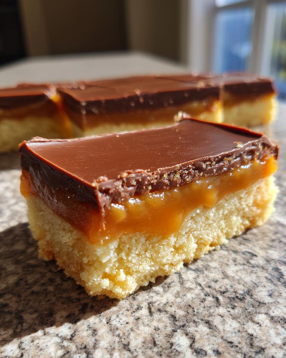 A close-up of a single serving of the 280-calorie Twix recipe, showing a shortbread base, thick caramel layer, and chocolate topping.