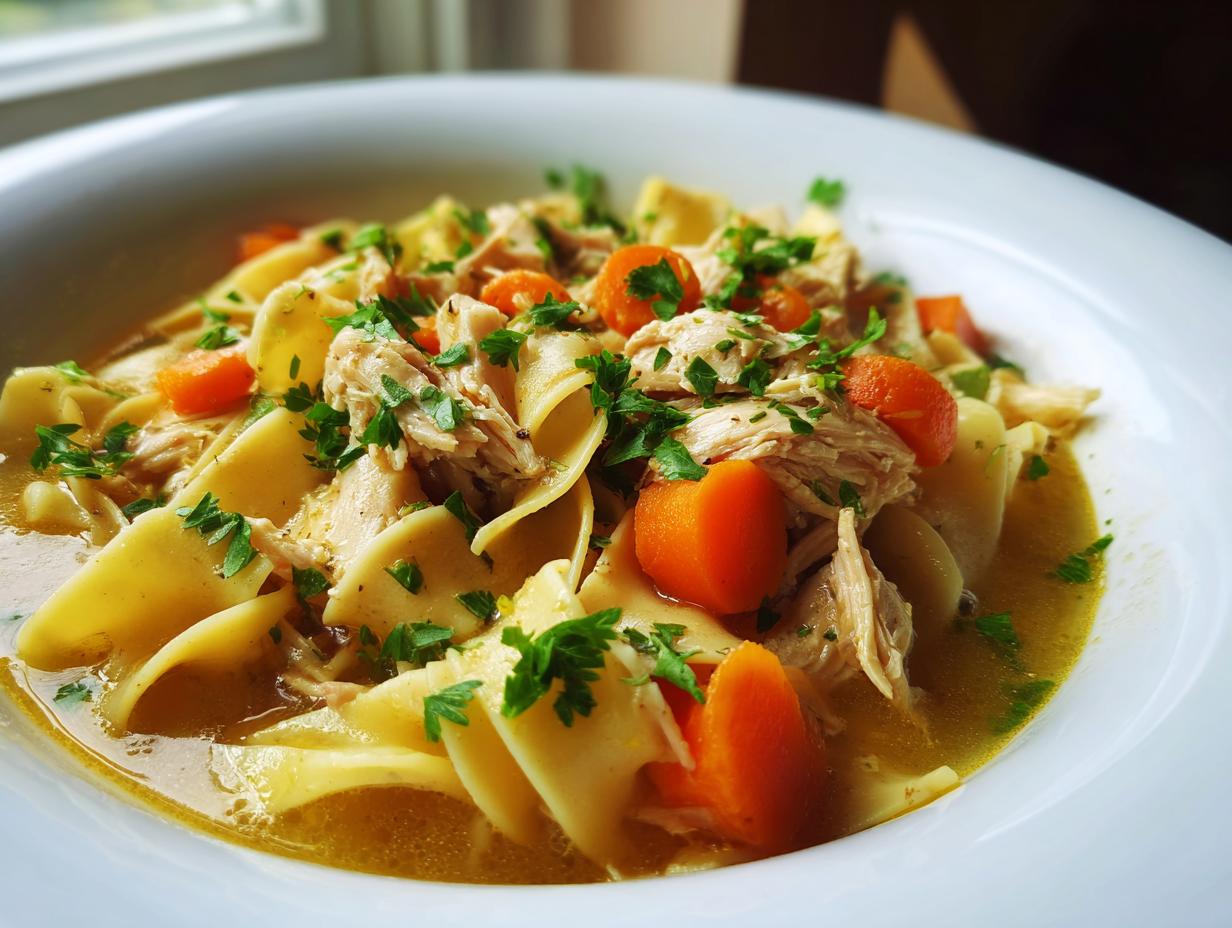 Close-up of steaming chicken noodle soup with wide egg noodles, shredded chicken, carrots, and fresh parsley.