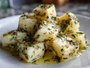 Close-up of creamy white cheese cubes soaking in oil and generously coated with dried herbs for marinated cheese.