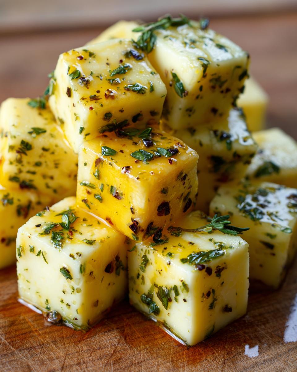 Close-up of yellow cubes of marinated cheese stacked, glistening with oil and covered in green herbs.