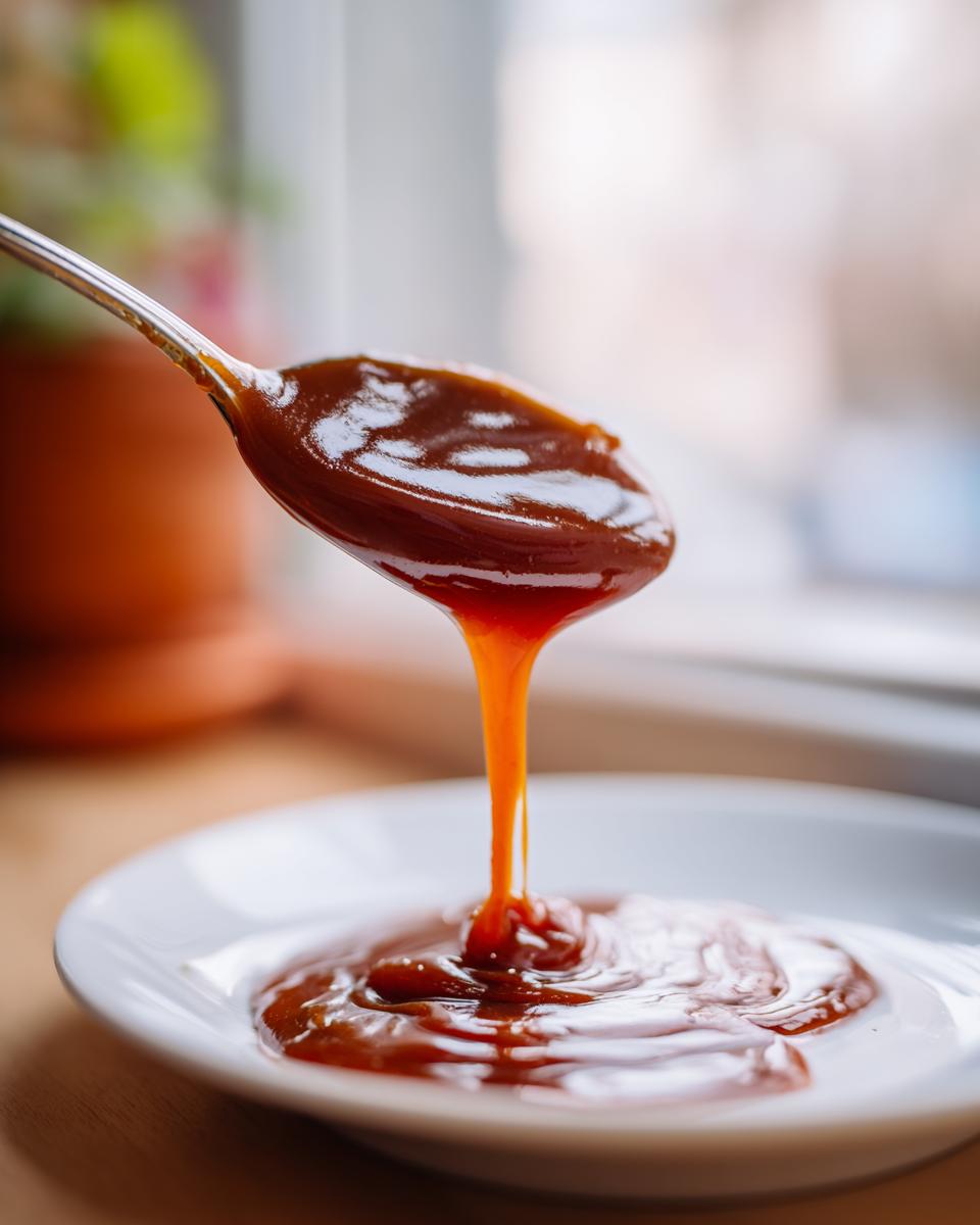 A spoonful of thick, glossy homemade caramel sauce is drizzled onto a white plate.