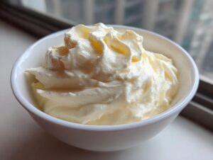 Close-up of thick, creamy homemade mayonnaise swirled beautifully in a small white bowl.