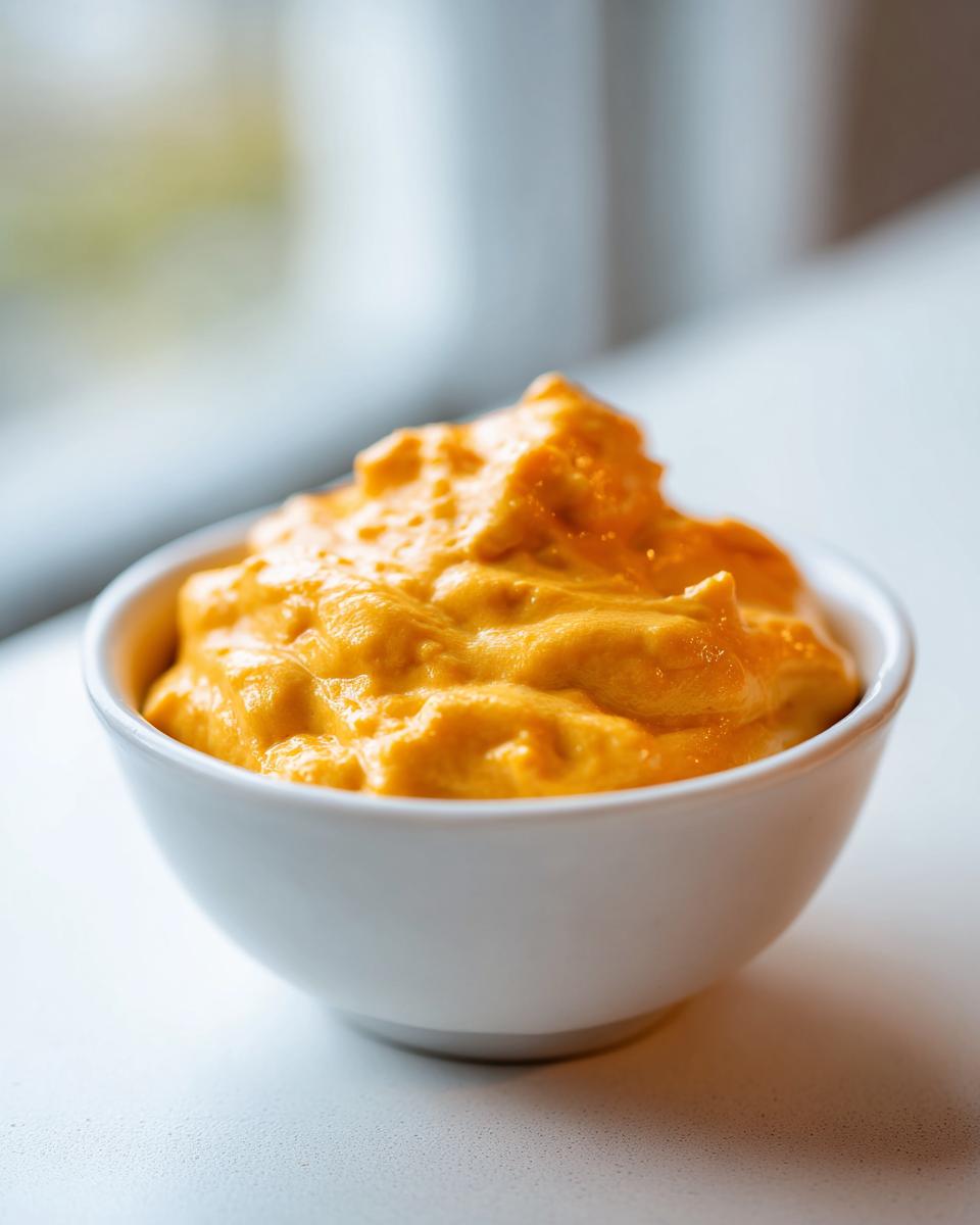 A close-up of thick, bright orange homemade nacho cheese sauce served in a small white bowl.