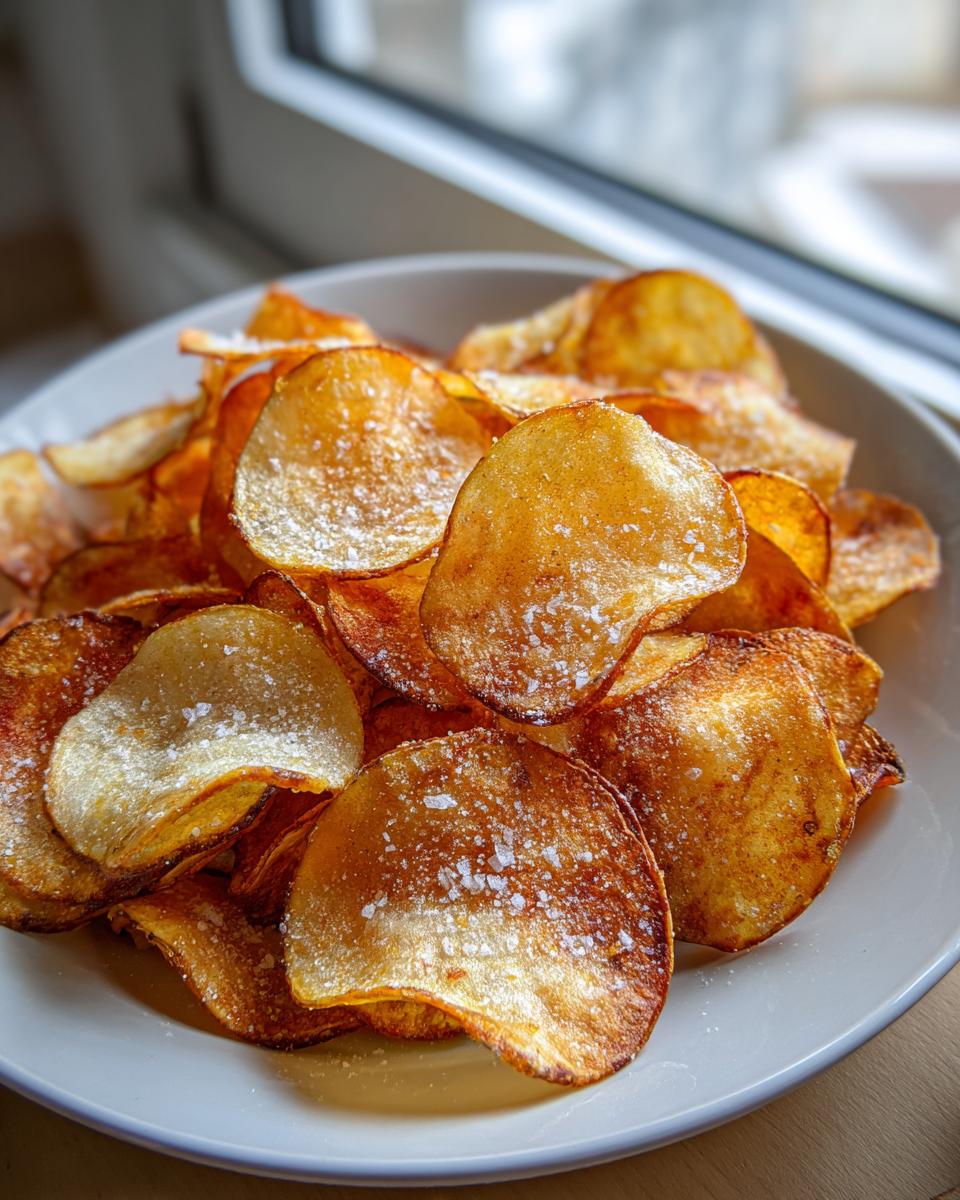 A close-up of a white bowl filled with golden brown homemade potato chips sprinkled with coarse salt.