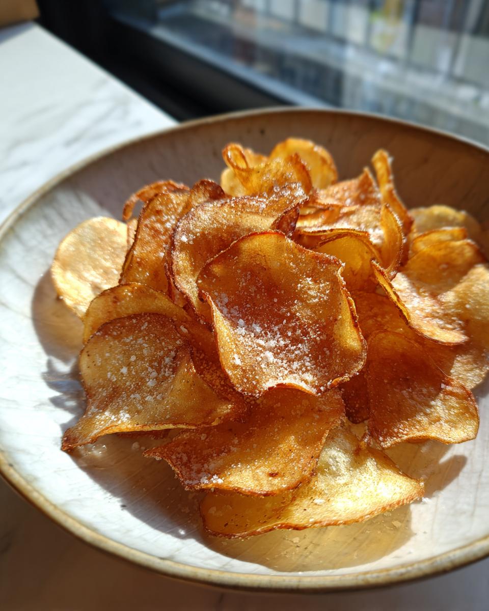 A bowl filled with golden, crispy homemade potato chips seasoned with visible salt crystals.