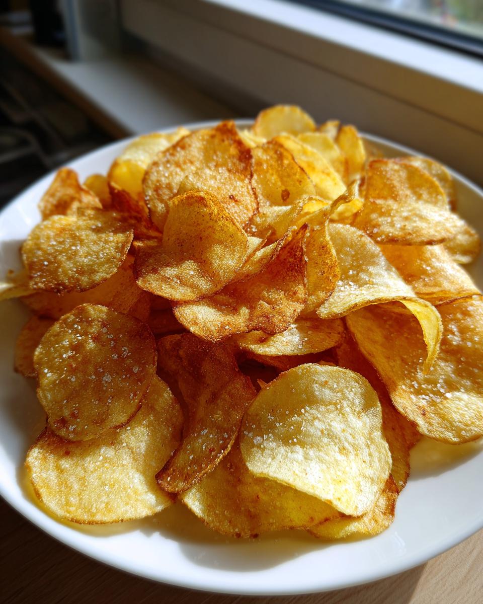 A white bowl filled with golden, crispy homemade potato chips sprinkled with visible salt crystals.