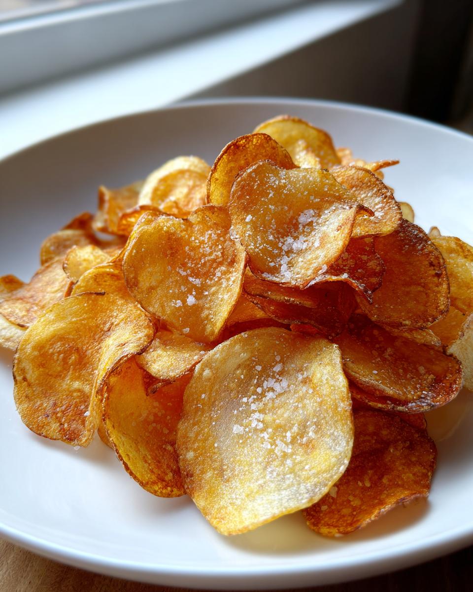 Close-up of a pile of golden brown homemade potato chips seasoned with visible coarse salt.