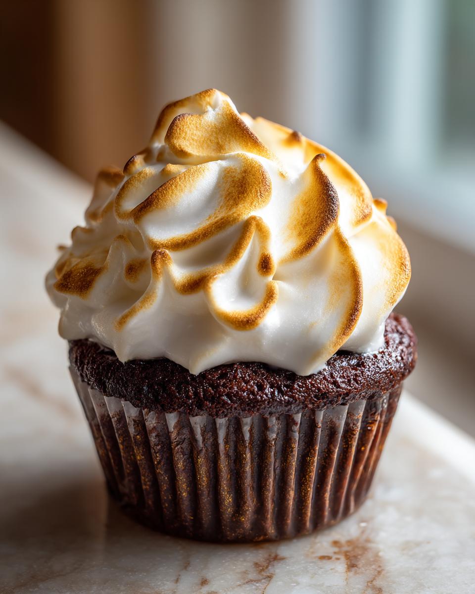 A rich, dark chocolate cupcake topped with a swirl of toasted meringue, resembling amazing hot chocolate cupcakes.