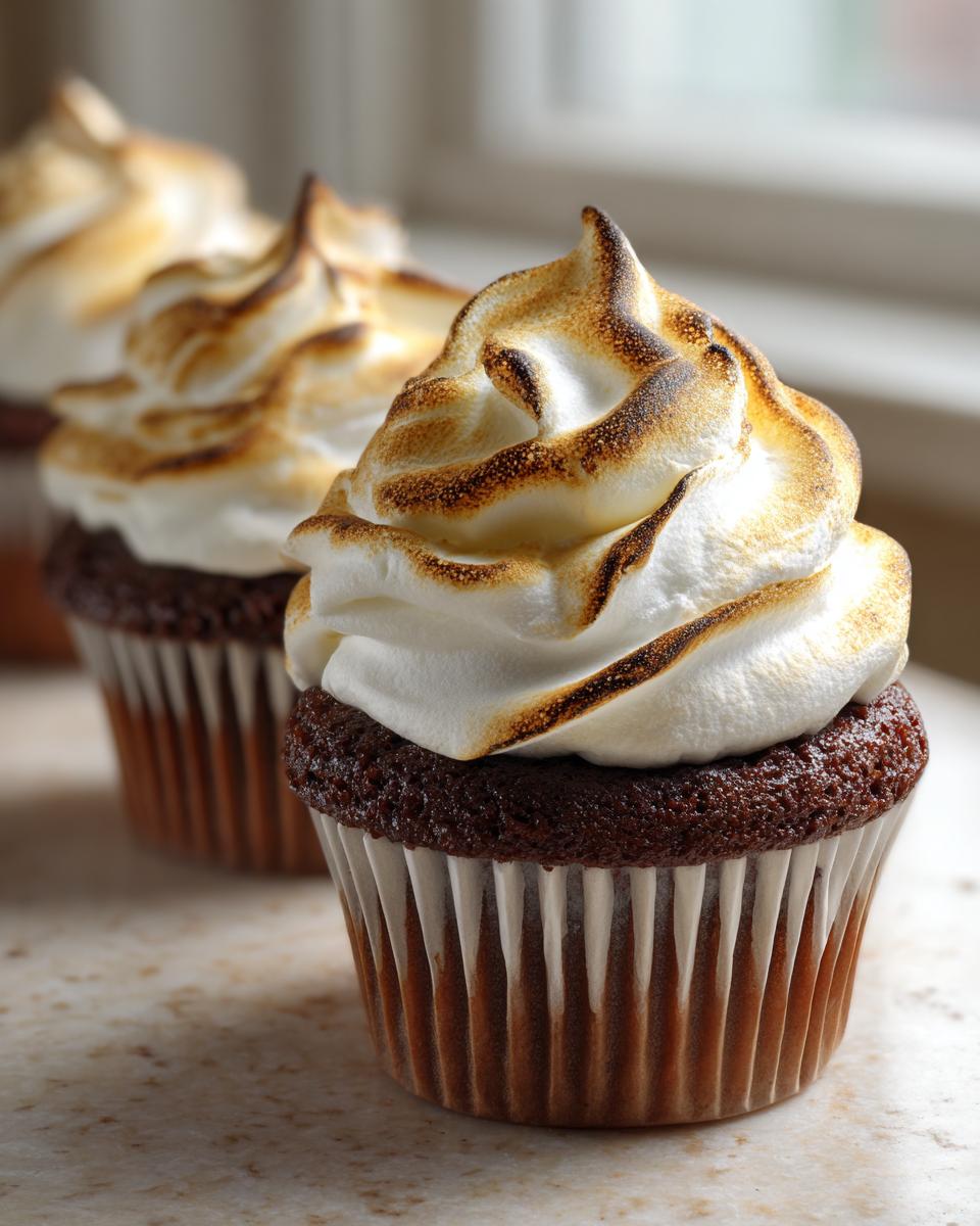 Close-up of a rich chocolate cupcake topped with fluffy, toasted meringue, resembling hot chocolate cupcakes.