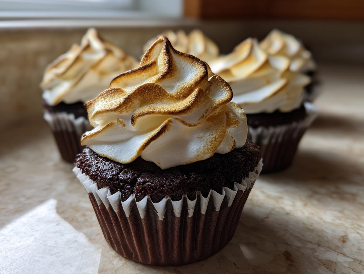 A close-up of one of the amazing hot chocolate cupcakes topped with fluffy, toasted meringue frosting.