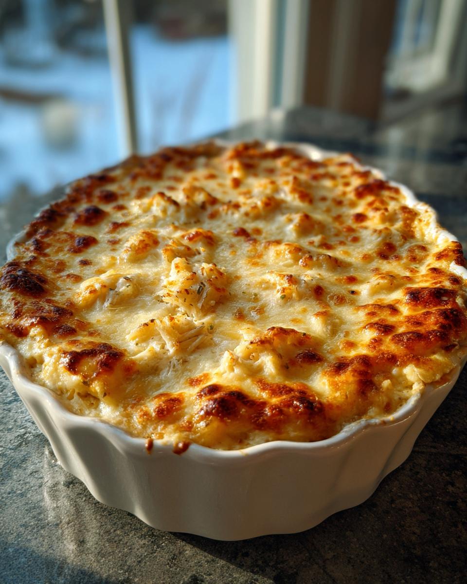A bubbly, golden-brown baked hot crab dip served in a white, fluted ceramic dish.