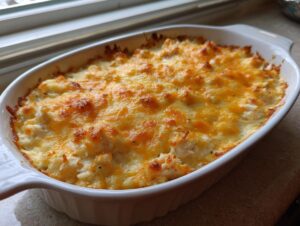 A white oval baking dish filled with bubbling hot crab dip, topped with melted, golden-brown cheese.