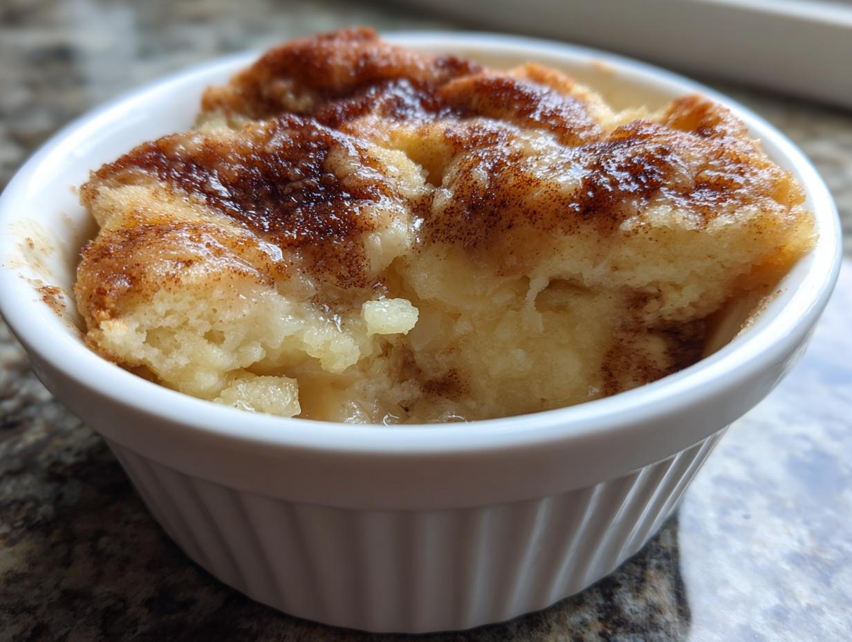 A close-up of a warm, gooey individual serving of snickerdoodle cobbler in a white ramekin.