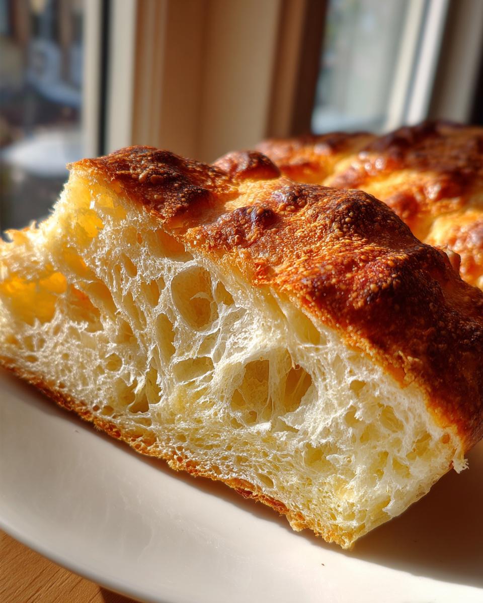 Close-up of the airy, open crumb structure of freshly baked Italian bread with a golden-brown crust.