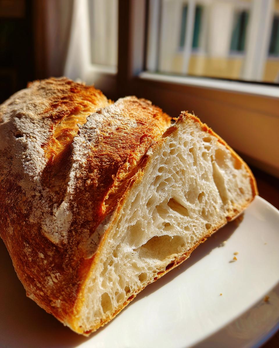 Close-up of a freshly baked Italian bread loaf, showing a golden, scored crust and a soft interior crumb.