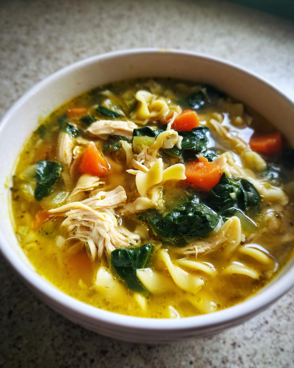 Close-up of a bowl of rich, yellow broth italian penicillin soup filled with shredded chicken, egg noodles, carrots, and spinach.