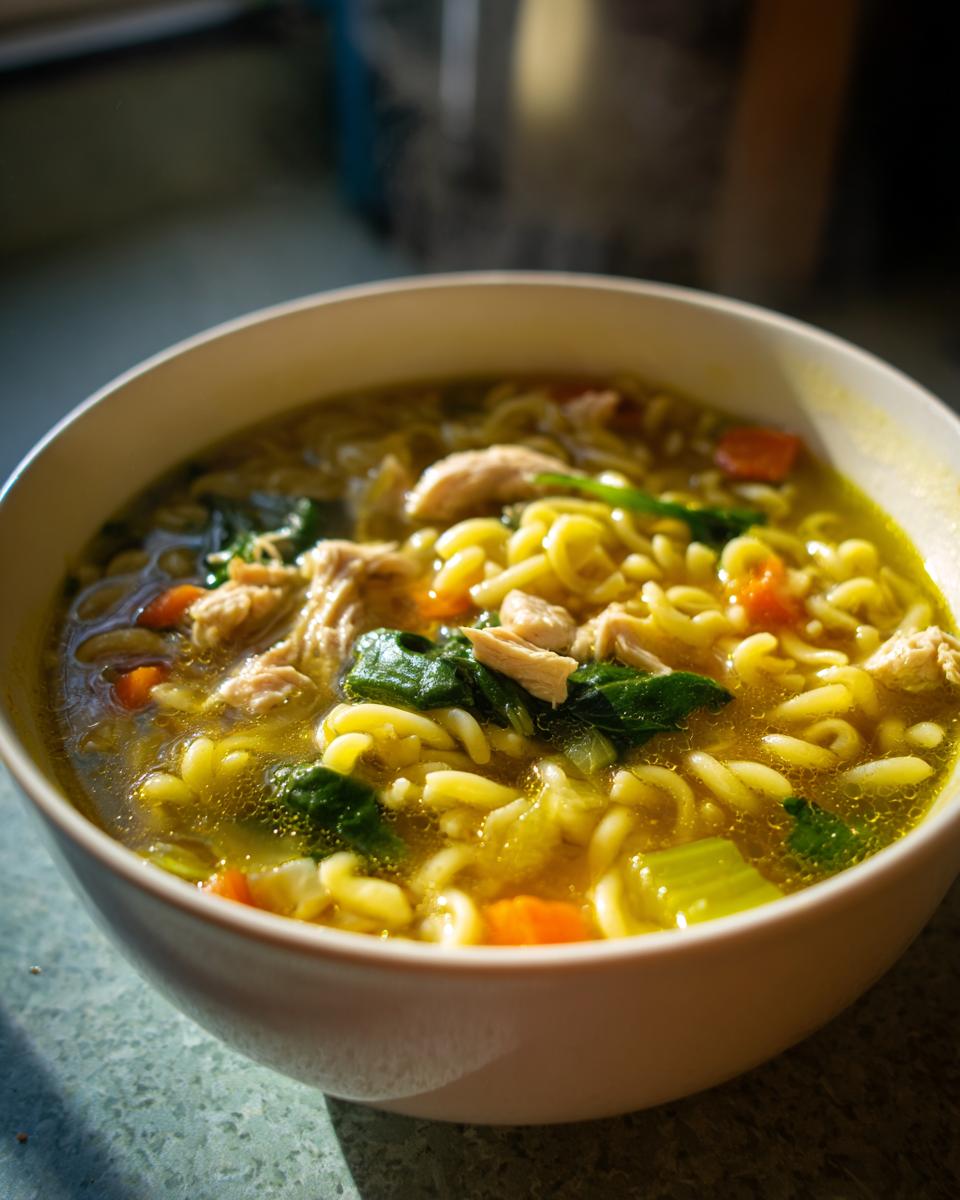 Close-up of a steaming bowl of Italian penicillin soup featuring curly noodles, shredded chicken, carrots, and spinach.