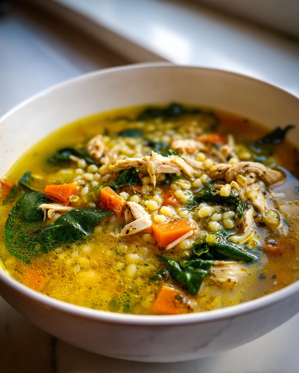 Close-up of a bowl of rich, yellow italian penicillin soup containing shredded chicken, carrots, spinach, and acini di pepe pasta.