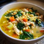 Close-up of a bowl of rich, yellow broth italian penicillin soup filled with shredded chicken, ditalini pasta, carrots, and spinach.