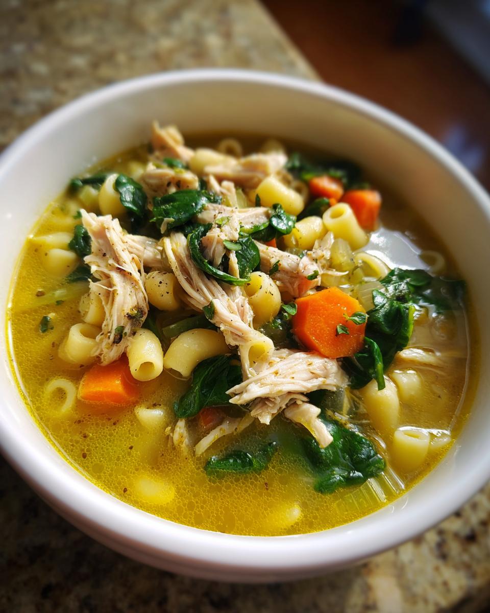 Close-up of a white bowl filled with rich, yellow italian penicillin soup, featuring shredded chicken, elbow macaroni, carrots, and spinach.