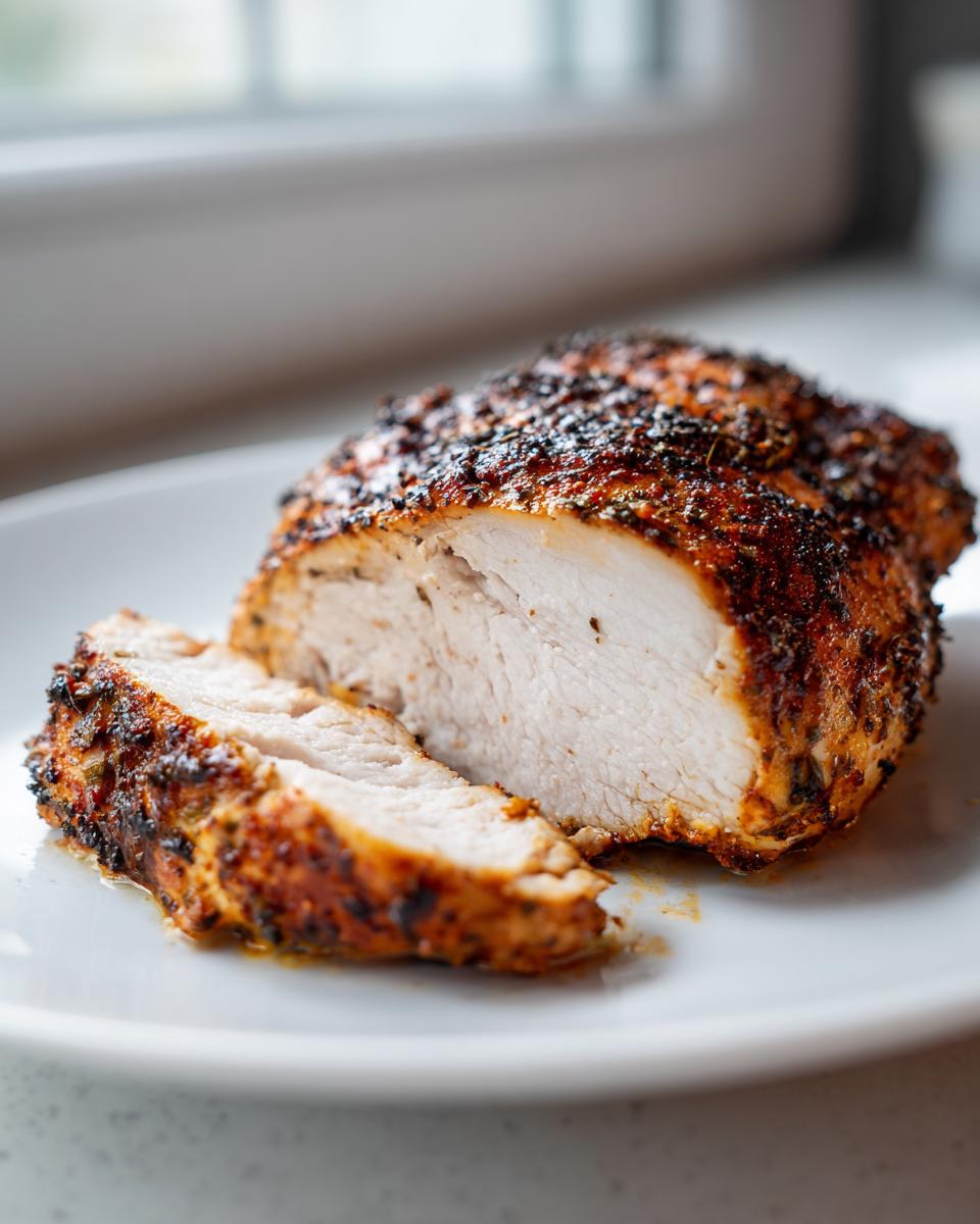 Close-up of a juicy air fryer chicken breast, sliced to show the perfectly cooked white meat and seasoned crust.