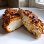 Cross-section of juicy air fryer chicken breast showing perfectly cooked white meat and a crispy, seasoned exterior.
