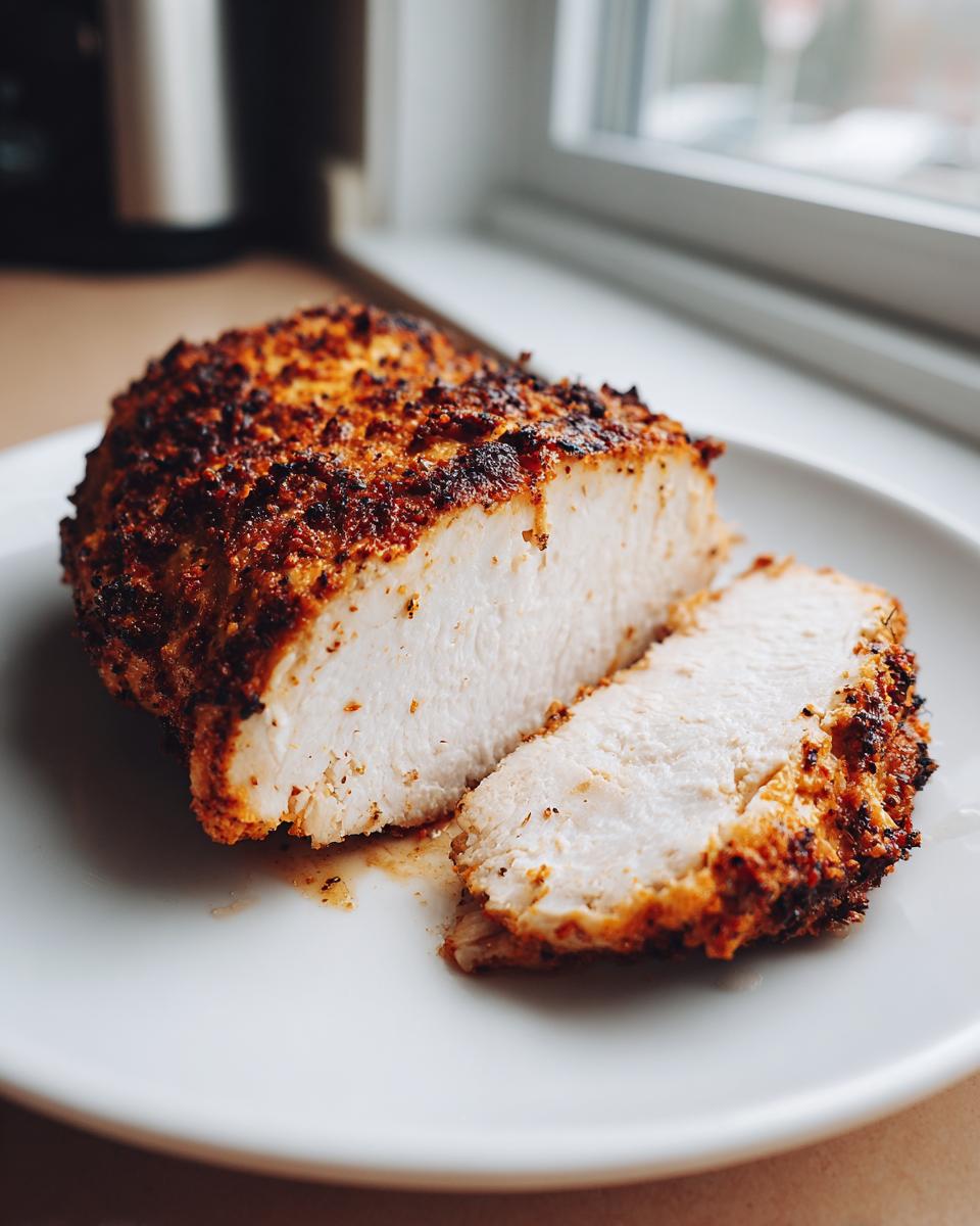 Cross-section of a perfectly cooked, juicy air fryer chicken breast showing white meat and a crispy, seasoned crust.