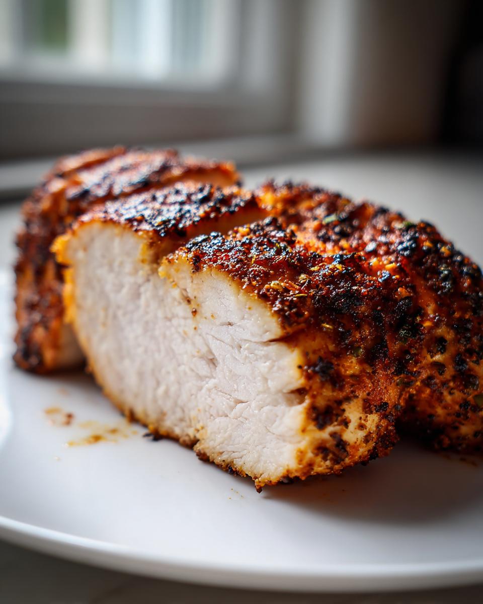 Close-up of perfectly cooked, juicy air fryer chicken breast sliced on a white plate, showing seasoned crust.