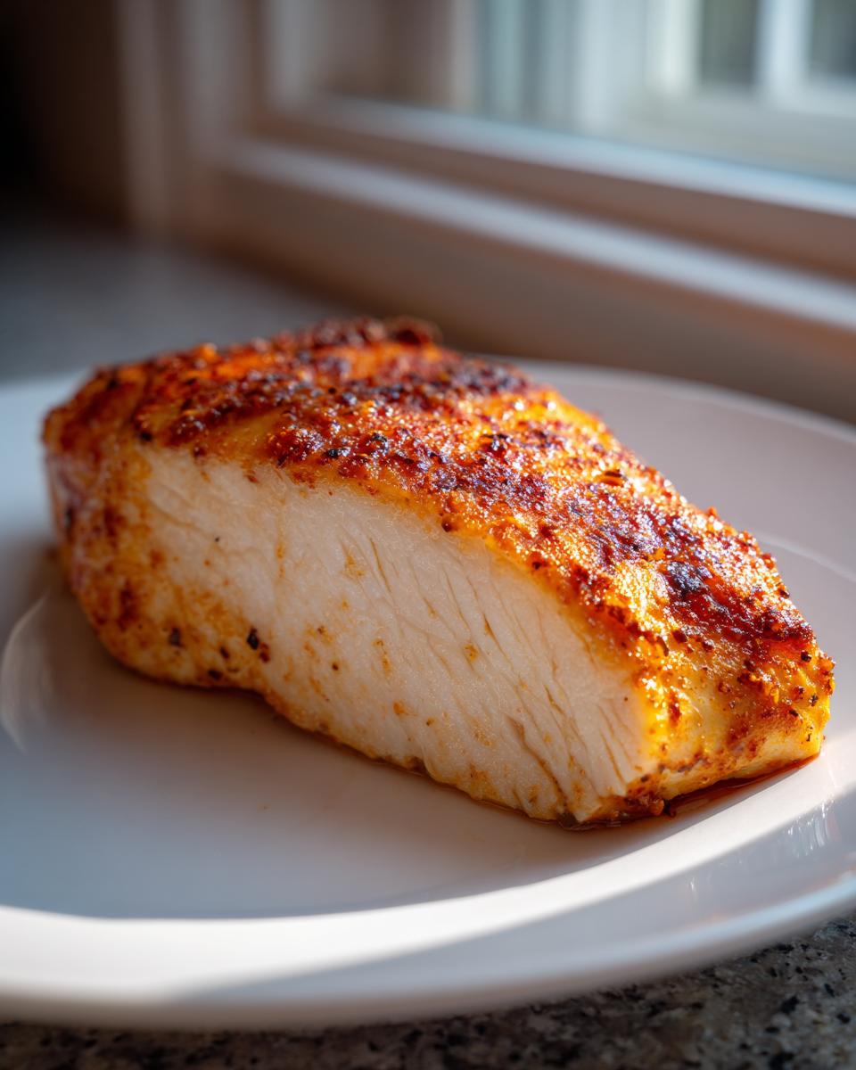 Cross-section of a perfectly cooked baked chicken breast showing moist white meat and a richly seasoned, browned exterior.