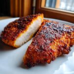 Close-up of perfectly cooked baked chicken breast, seasoned and cut to show the moist white interior.